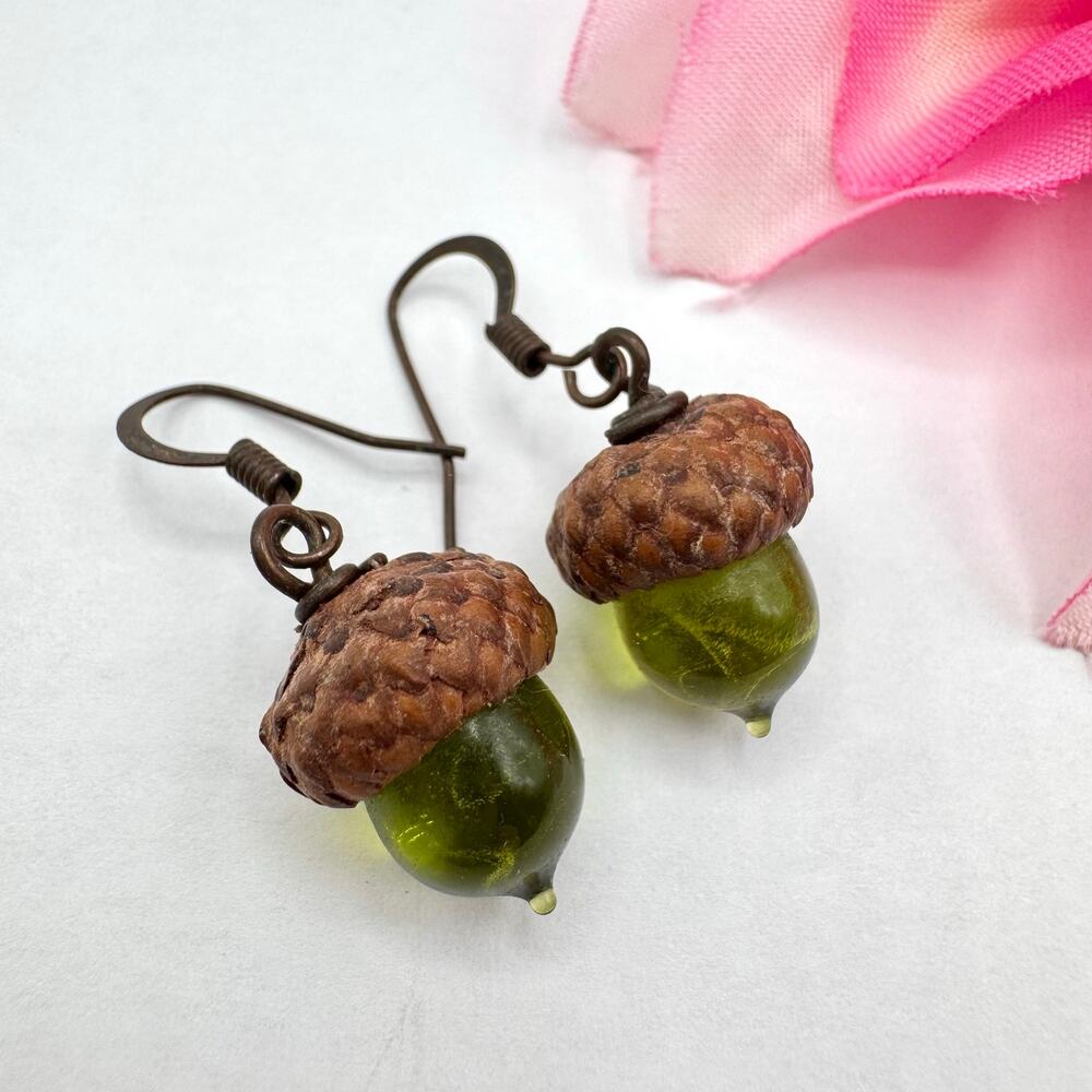 Green Glass Acorn Earrings Cute Whimsical Autumn Forestcore Naturecore Fairycore